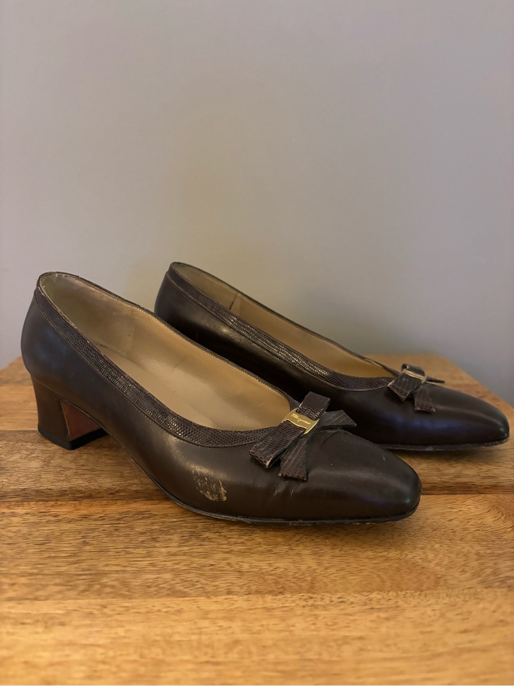 Salvatore Ferragamo Dark Brown Leather Bow Block-Heel Pumps